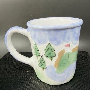 Studio Pottery Mug Cup Hand Painted Golf Course Golfing Artist Signed Ceramic